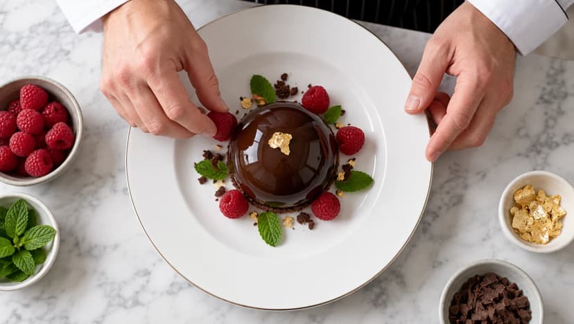 GPT Image 2.5 Sunburst image: overhead view of a chef's hands placing raspberries around a glossy chocolate dome on a white plate