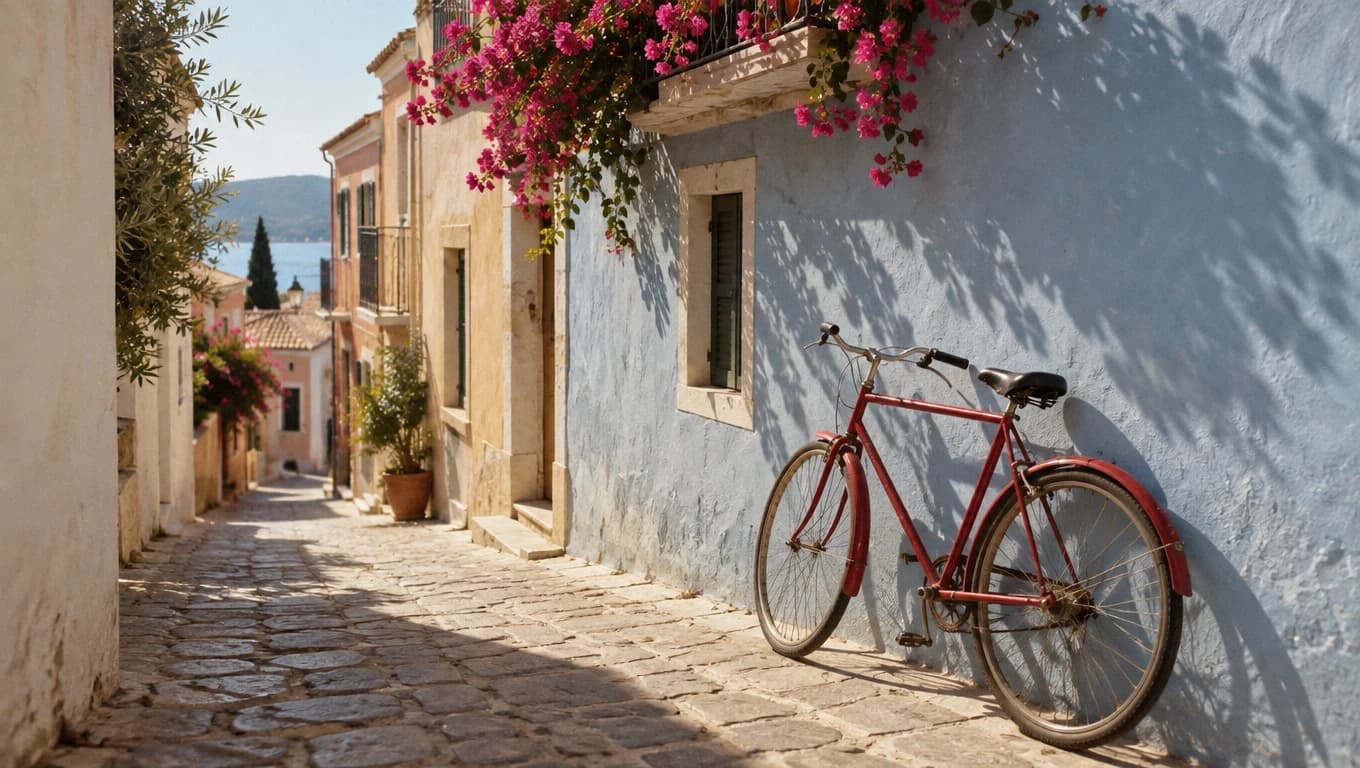 A plain red bicycle leaning on a pastel blue wall in a narrow sunny alley with pink bougainvillea, made with GPT Image 2.5 Sunburst
