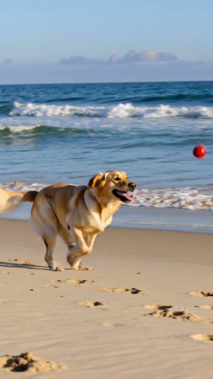 Frame from a Kling V3 video: a dog leaps for a red ball on a beach