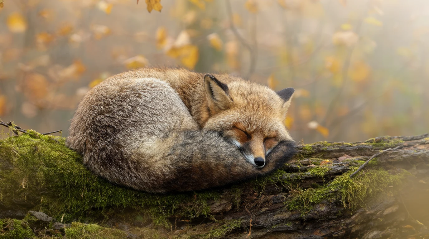 A red fox asleep on a mossy log in a misty autumn forest