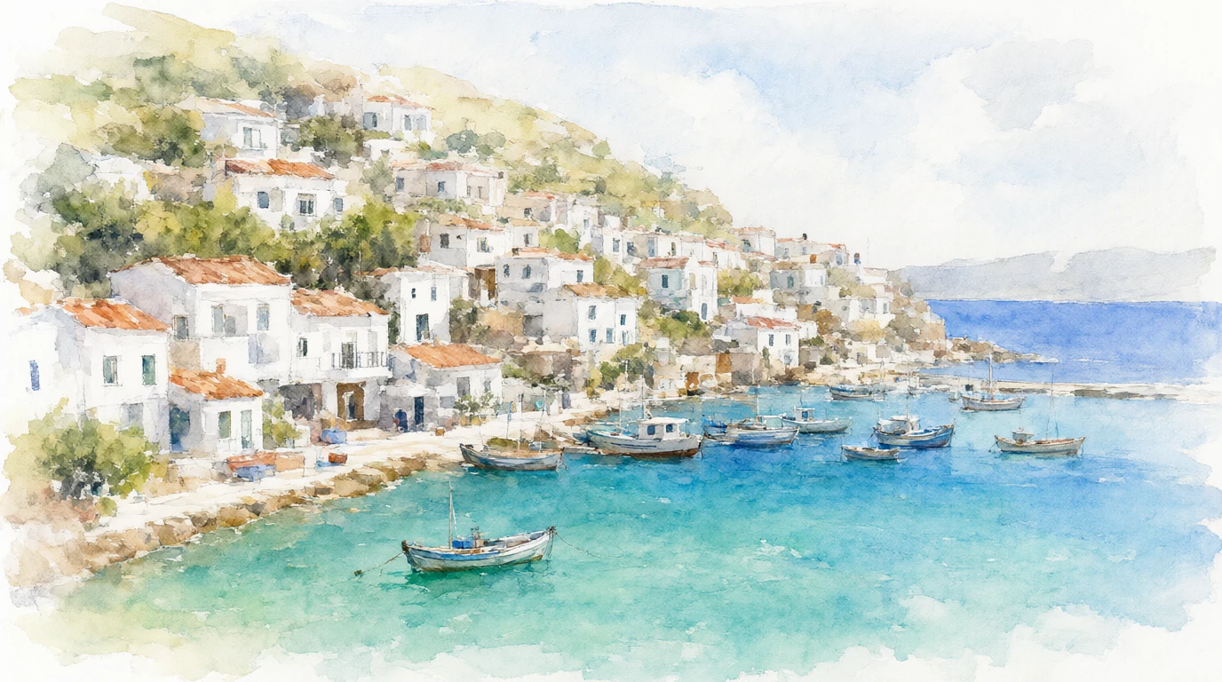 A watercolor painting of a white village above a turquoise bay