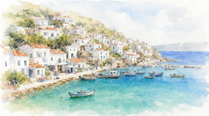 Qwen Image 2.1 image: a watercolor painting of a coastal village with white houses stacked on a hillside above a turquoise bay