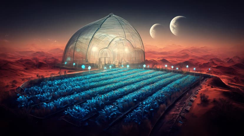 Qwen Image 2.1 image: a glass greenhouse on a desert planet
