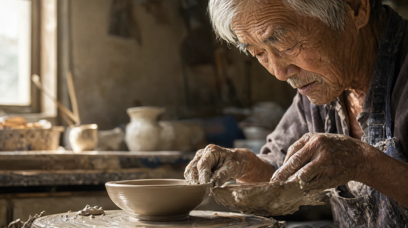 An old potter with silver hair shaping a bowl on a wheel