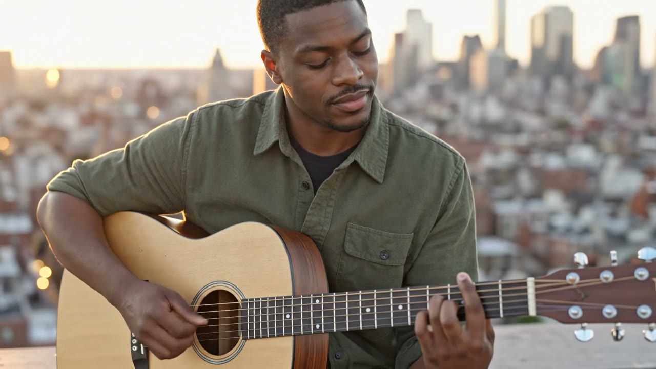 Frame from a Veo 3.1 Reference video: a man plays an acoustic guitar on a rooftop at golden hour