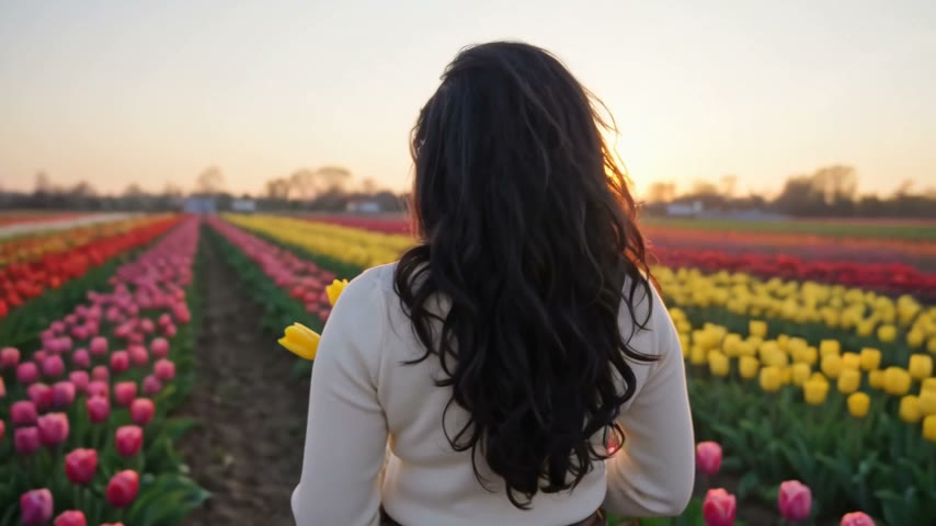 Frame from a WAN 3.0 Reference video: a woman walks through a tulip field at golden hour