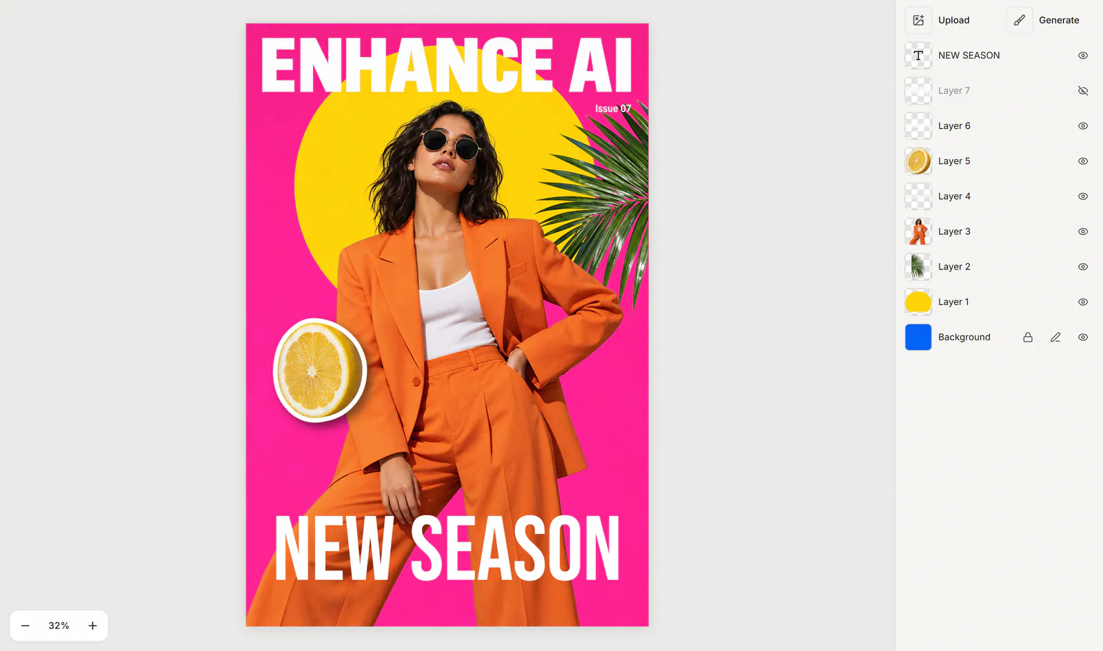 The Enhance AI layer editor with the edited poster on the canvas and its list of layers on the right, from NEW SEASON down to the Background