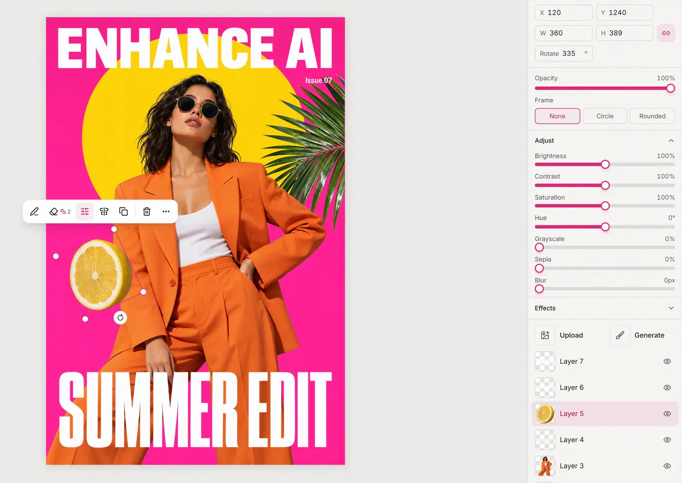 The lemon layer selected in the Enhance AI layer editor with resize and rotate handles and a floating layer toolbar, with X 120, Y 1240, W 360, H 389 and Rotate 335 in the sidebar