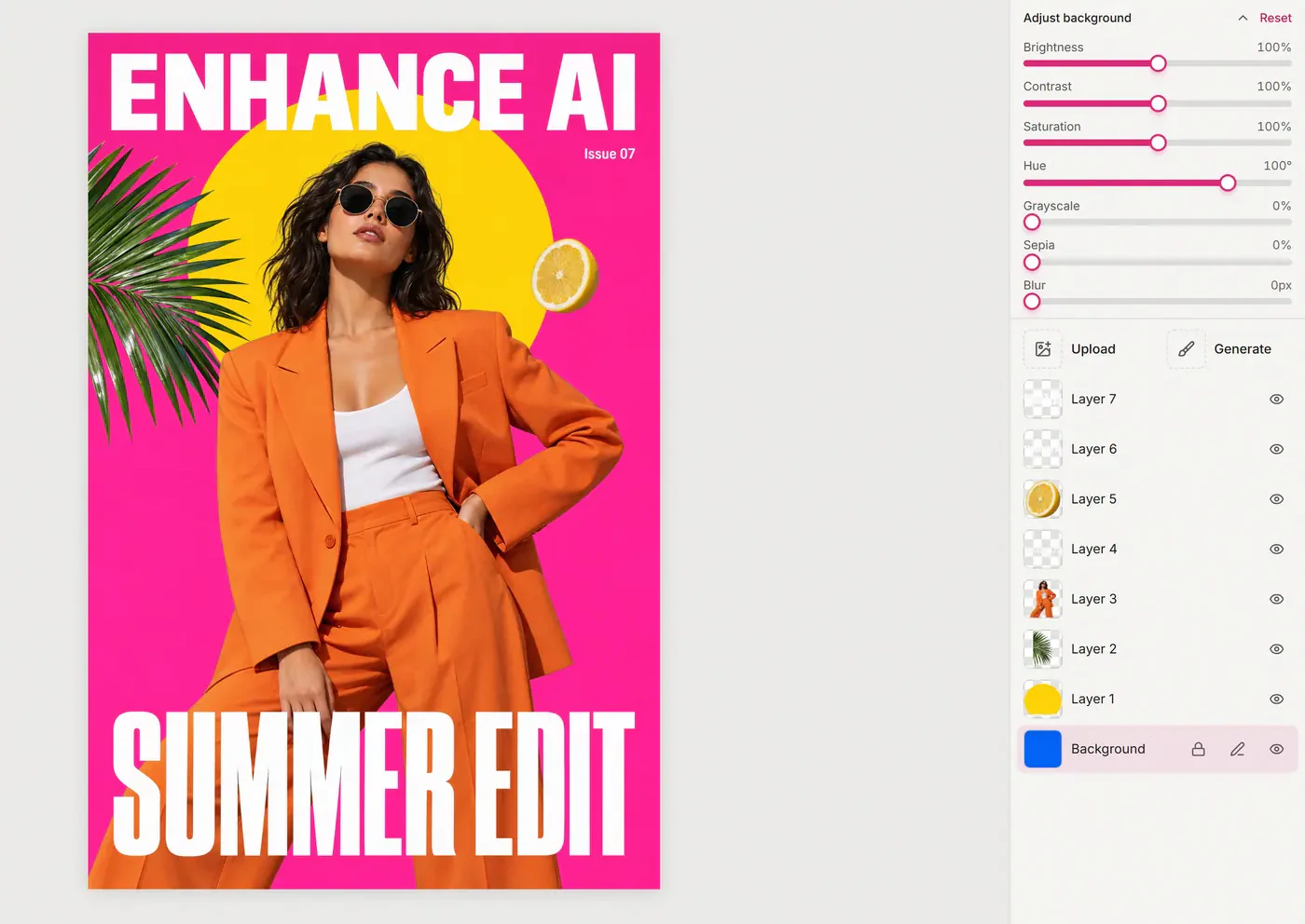 The Adjust background panel with Hue at 100, the poster background now pink with every layer still in its original place