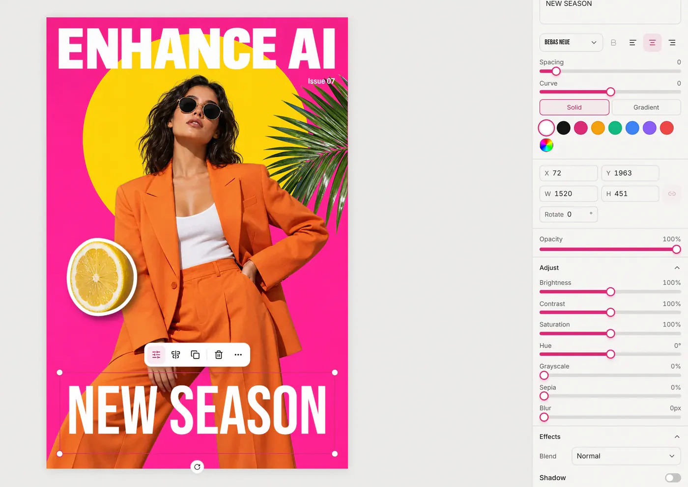 The new NEW SEASON text layer selected in the layer editor, with the Bebas Neue font, spacing, curve, solid or gradient fill, colors and position fields in the sidebar