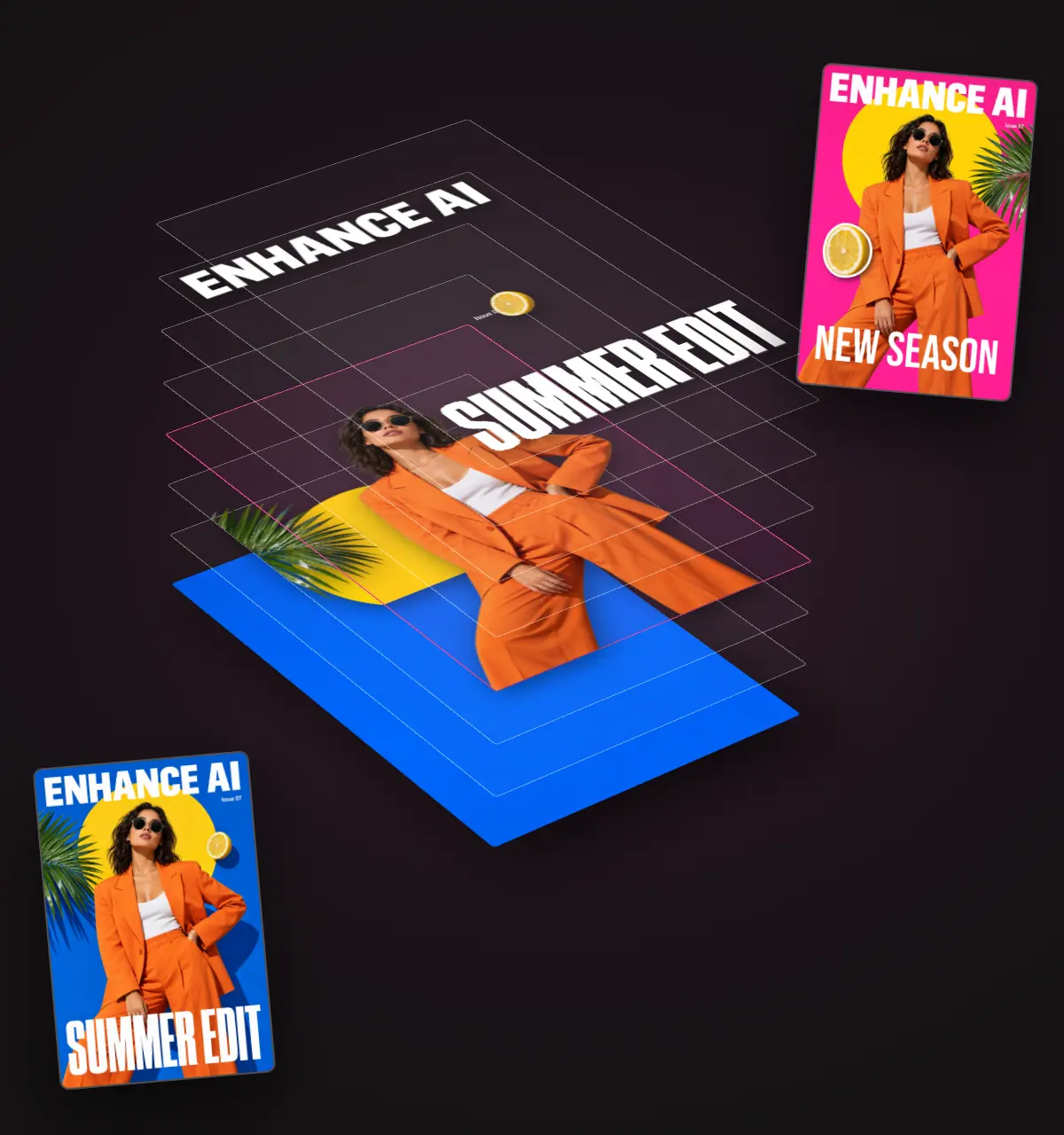 A SUMMER EDIT magazine poster pulled apart into a stack of see through layers, between the original blue poster and an edited pink version