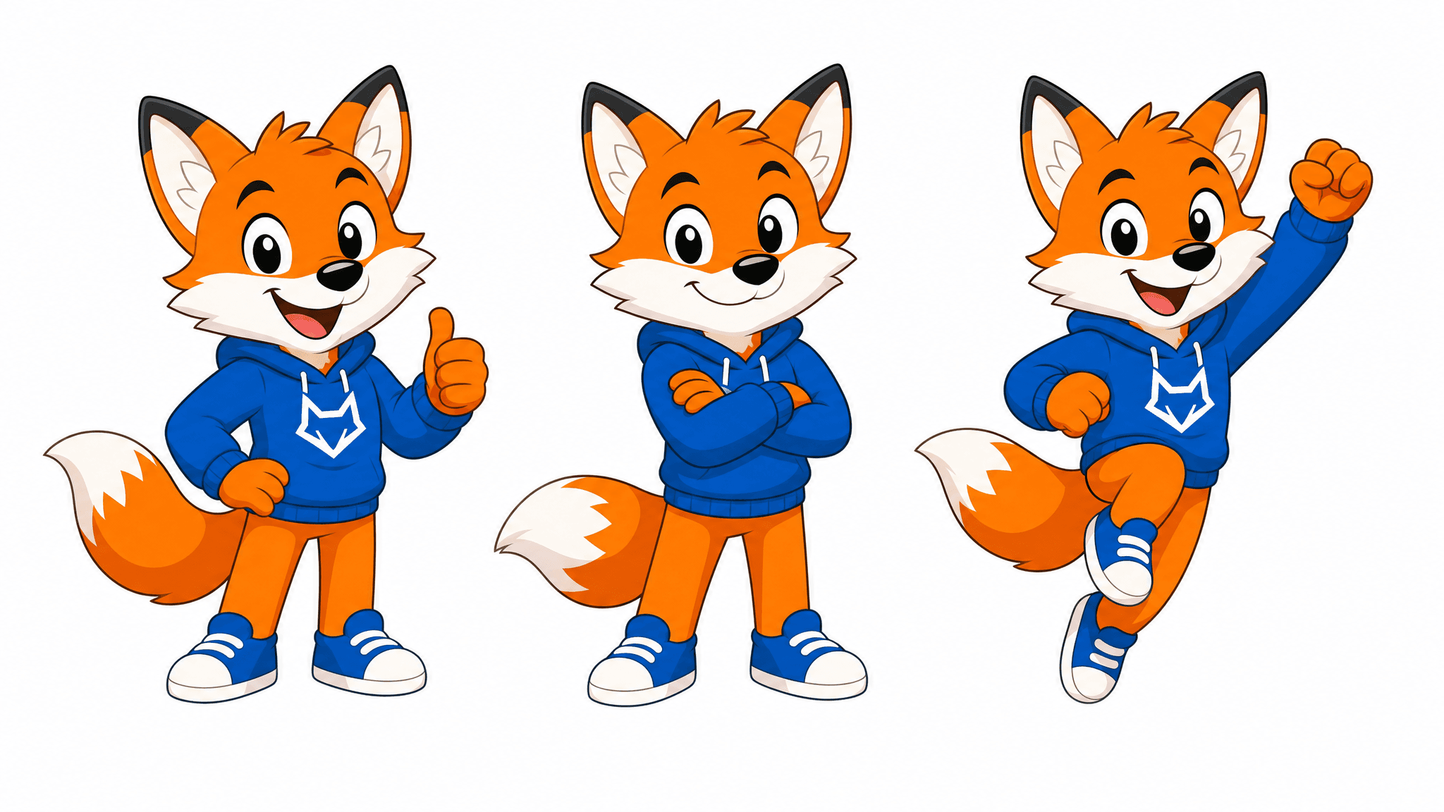 Mascot fox in three consistent poses