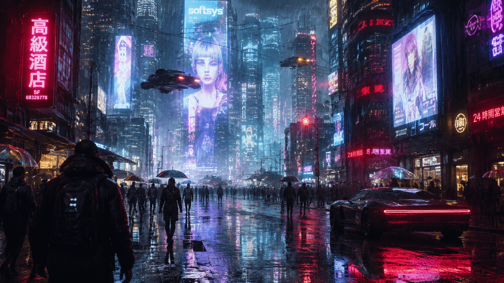 Neon Rainfall in a Futuristic Metropolis