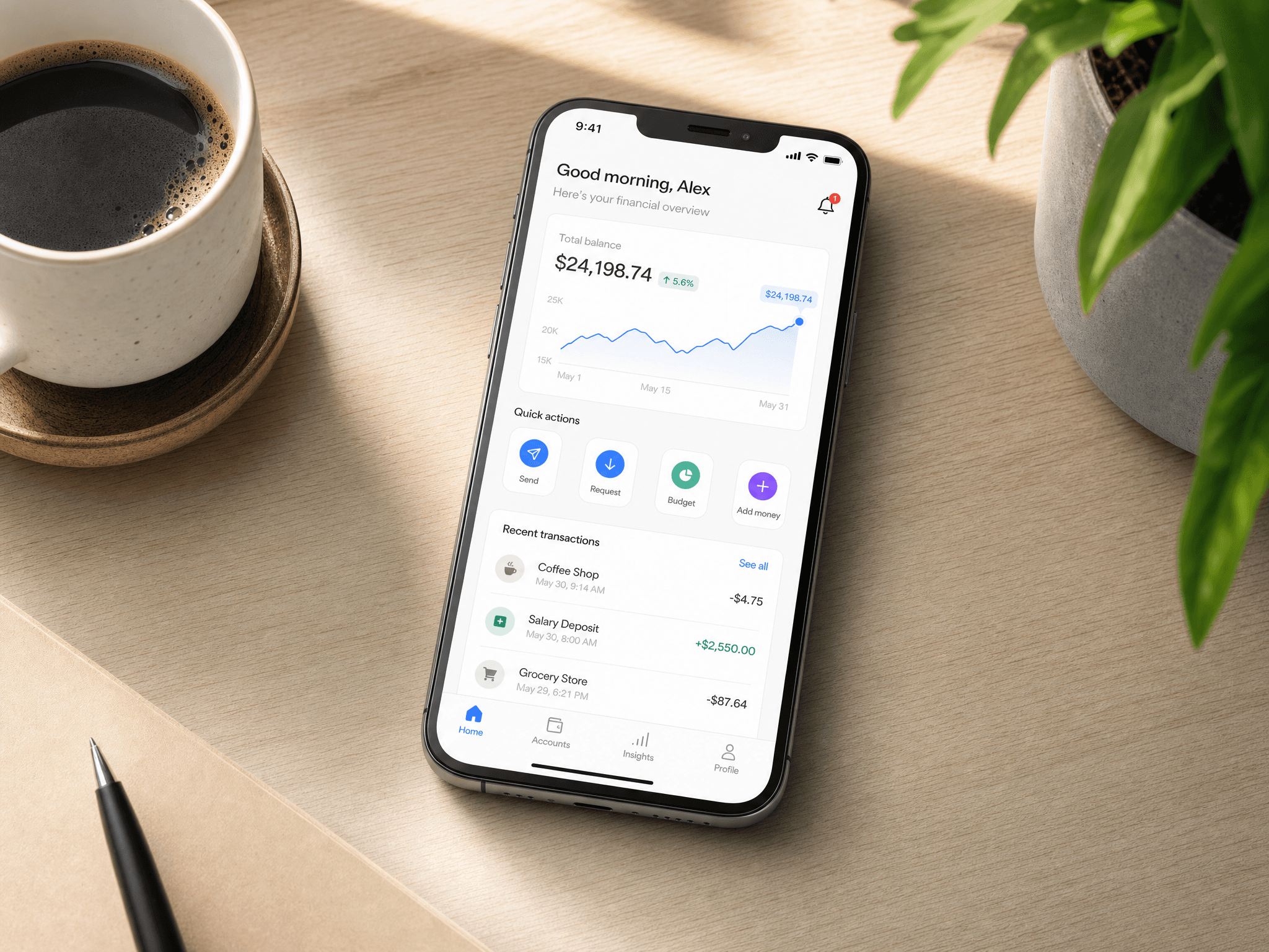 App interface mockup on a sunny desk
