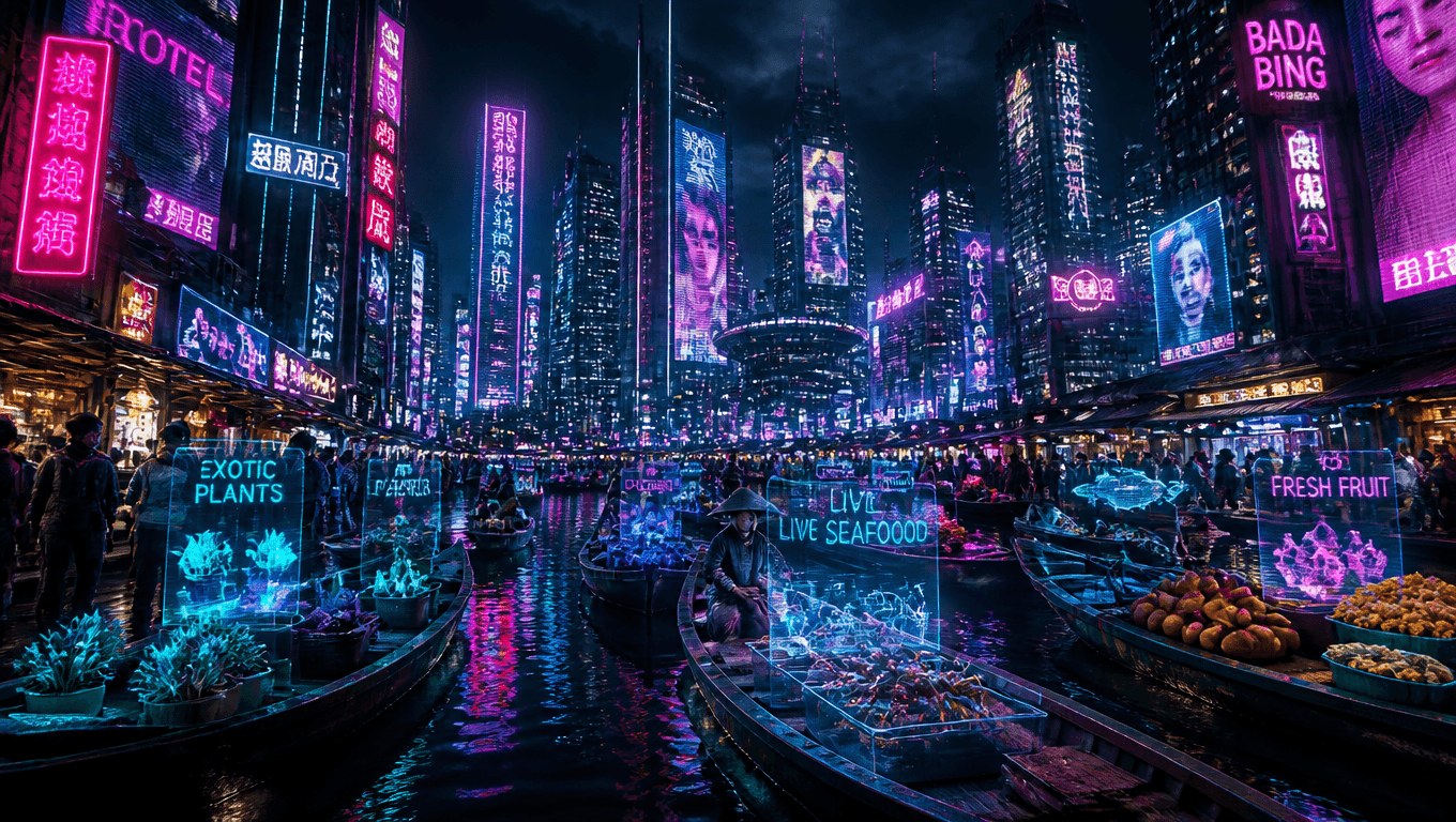 Cyberpunk Floating Market at Night