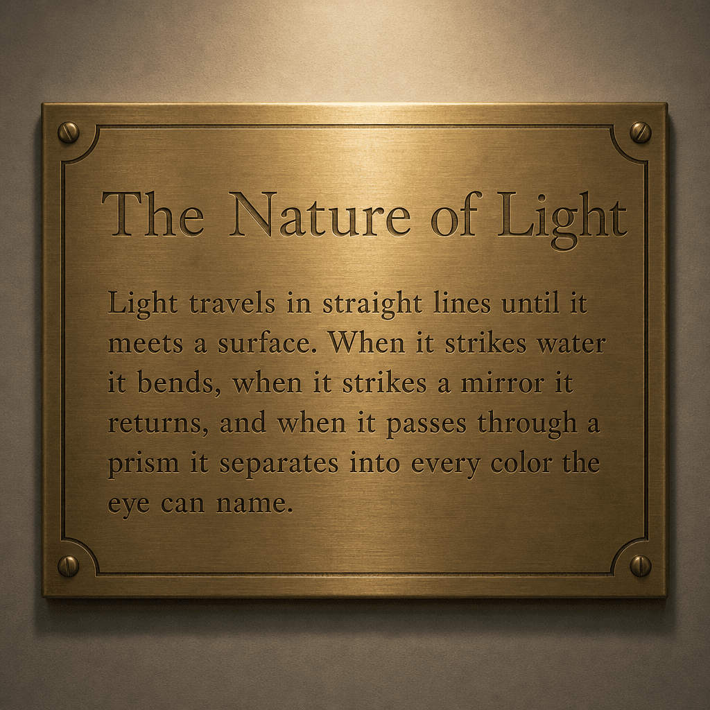 Brass museum plaque engraved with the heading The Nature of Light and a paragraph about light, made with GPT Image 2