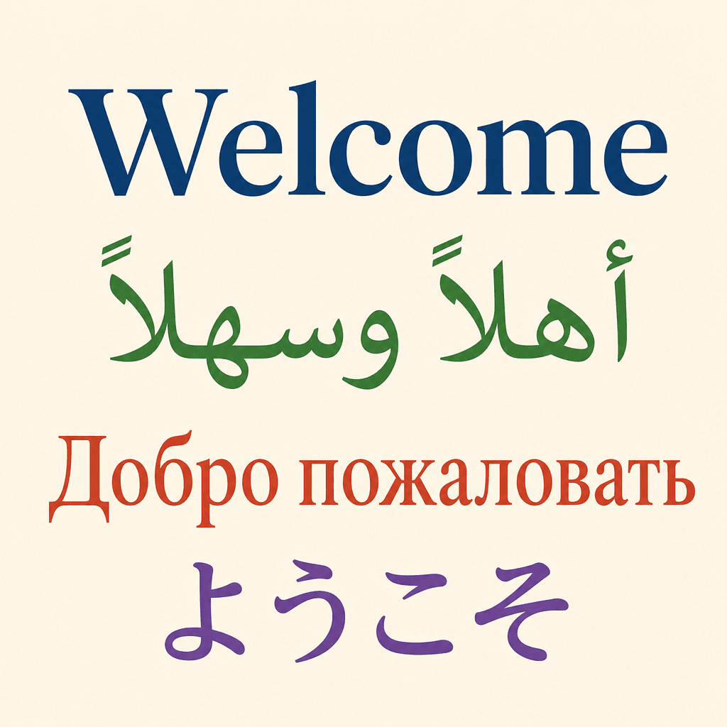 Poster that says Welcome in English, Arabic, Russian and Japanese, made with GPT Image 2