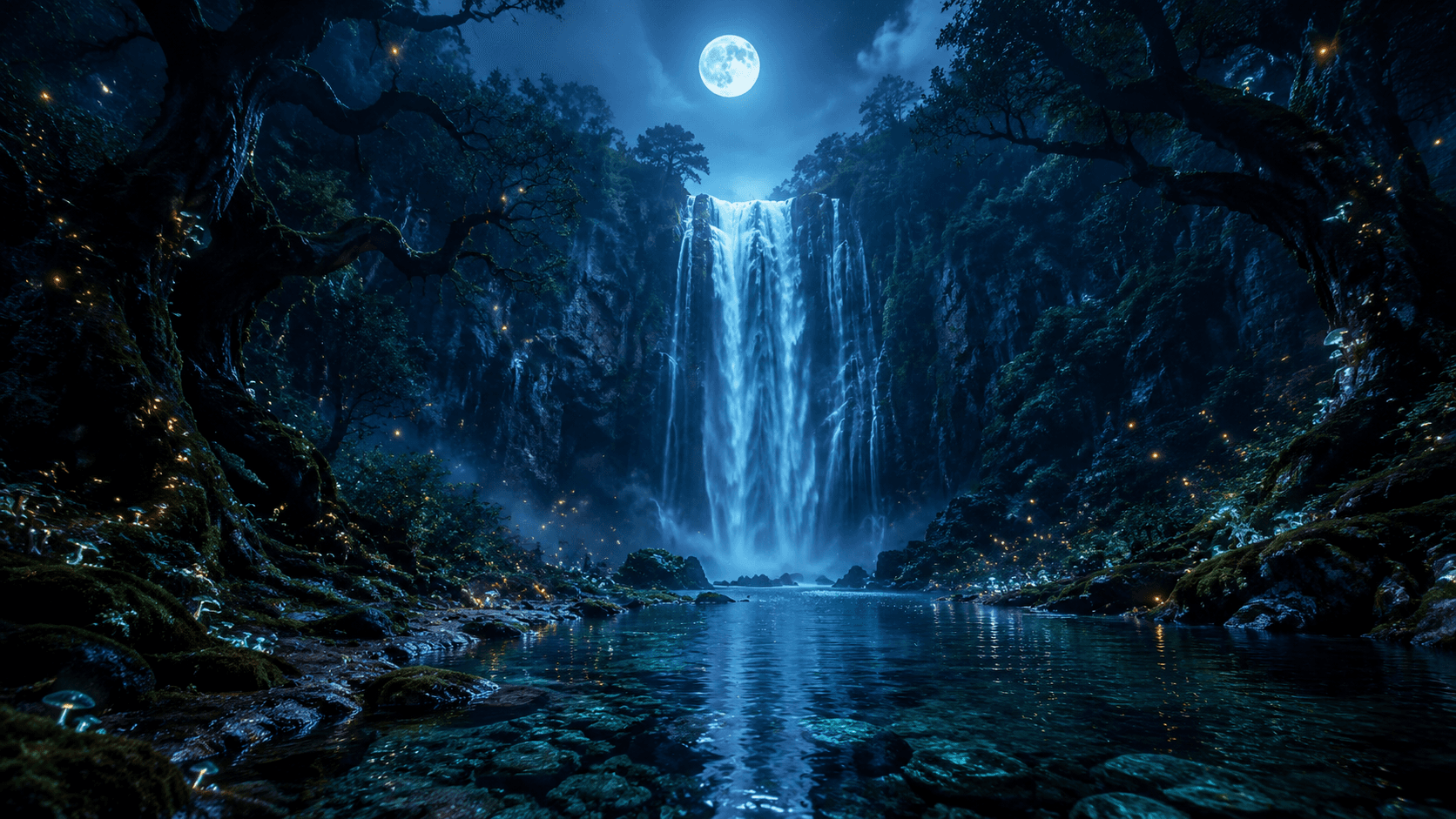 Moonlit Waterfall in a Hidden Valley