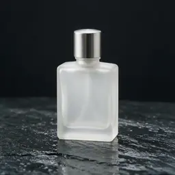 Picture 1: a plain frosted glass perfume bottle with a metal cap on dark wet slate