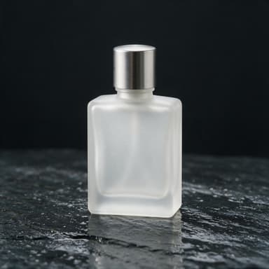 Picture 1: a plain frosted glass perfume bottle with a metal cap on dark wet slate