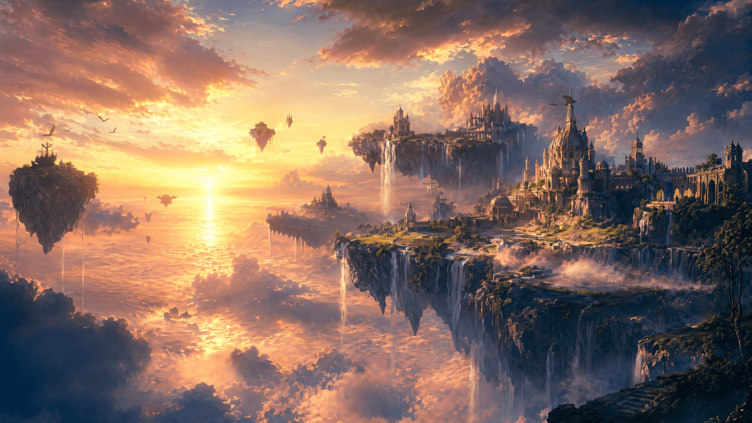 Floating islands above a glowing sea at sunset