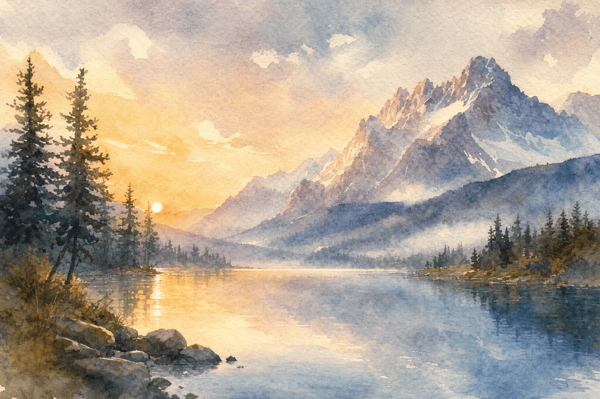 Watercolor mountain lake at dawn, soft washes