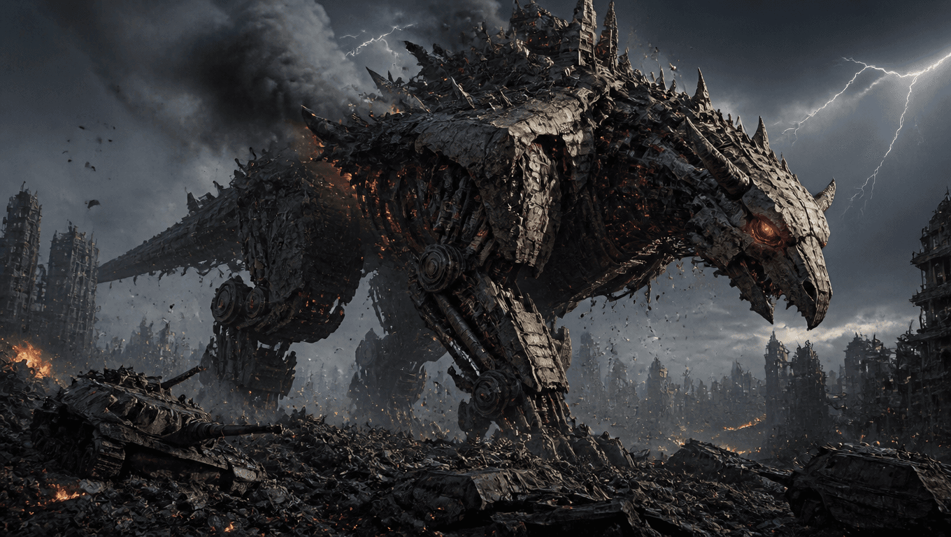 Giant Mechanical Beast in a War-Torn Landscape