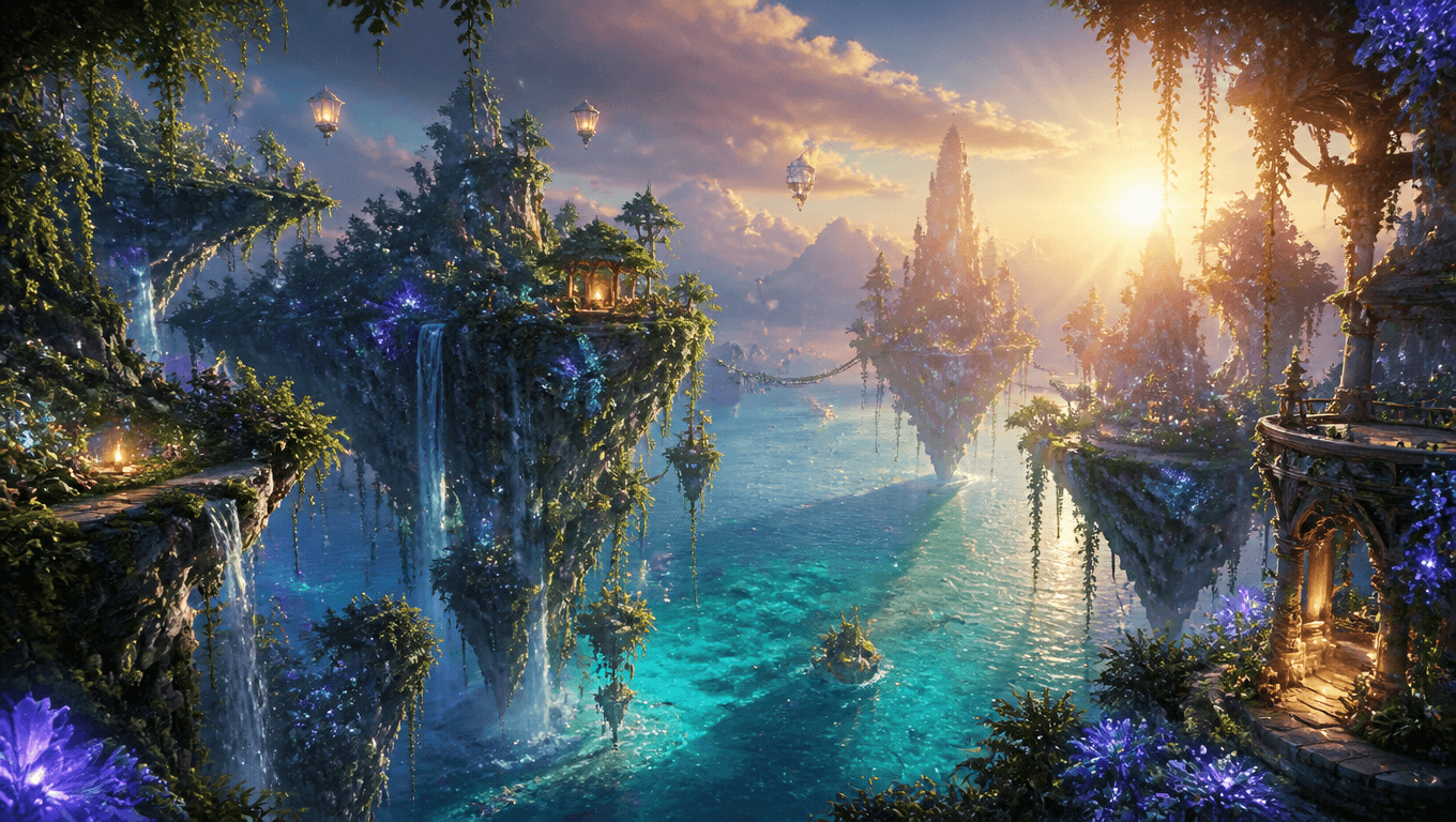 Mystical Sky Gardens Above a Crystal Ocean