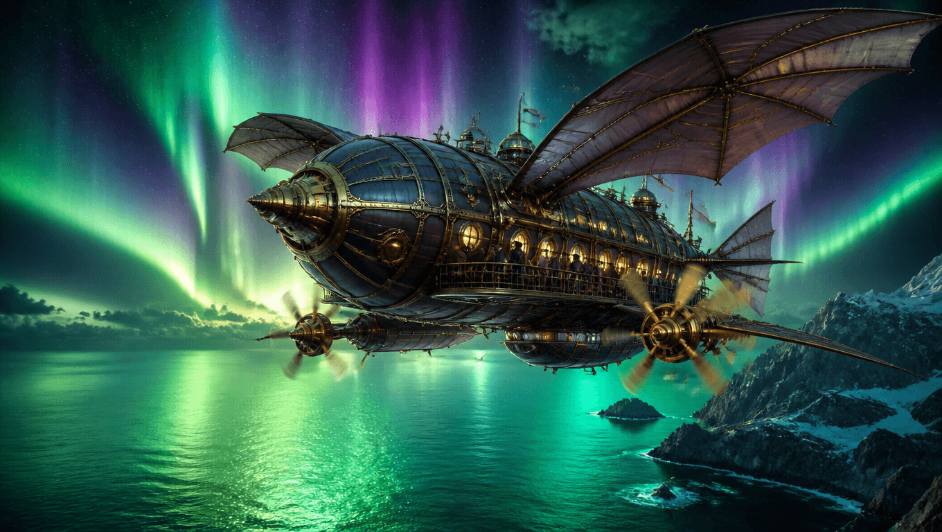 Airship Voyage Through an Aurora Sky