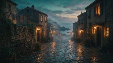 Picture 2: a wet cobblestone street in a seaside village at dusk, with a stone wall and a bicycle