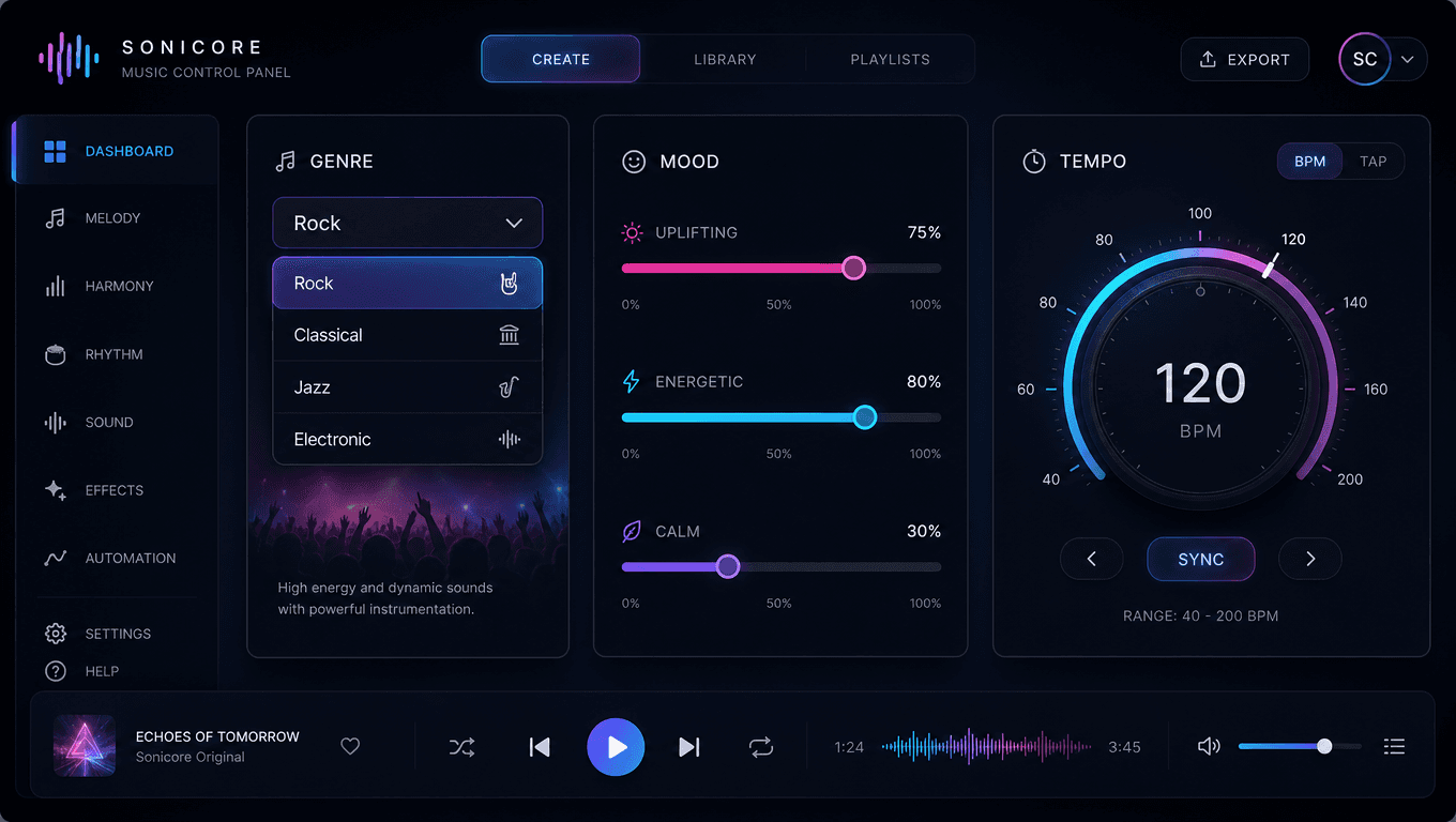 AI music generator controls showing genre, mood and tempo settings