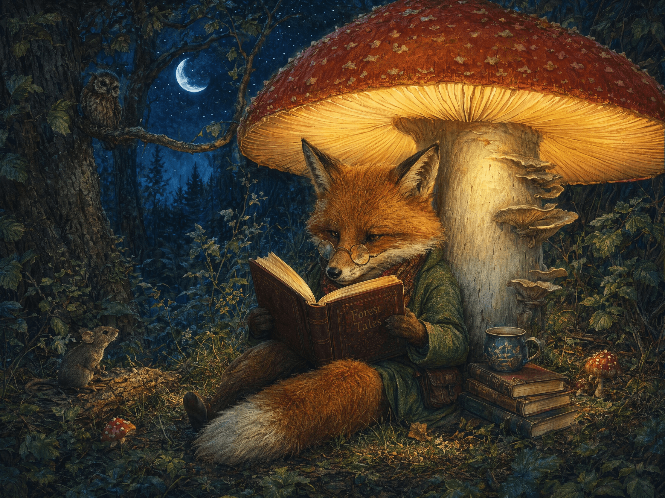 Storybook fox reading under a glowing mushroom