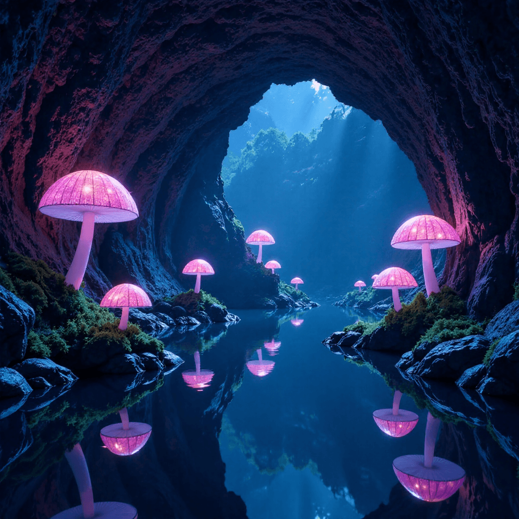 Mystical Cavern with Glowing Fungi