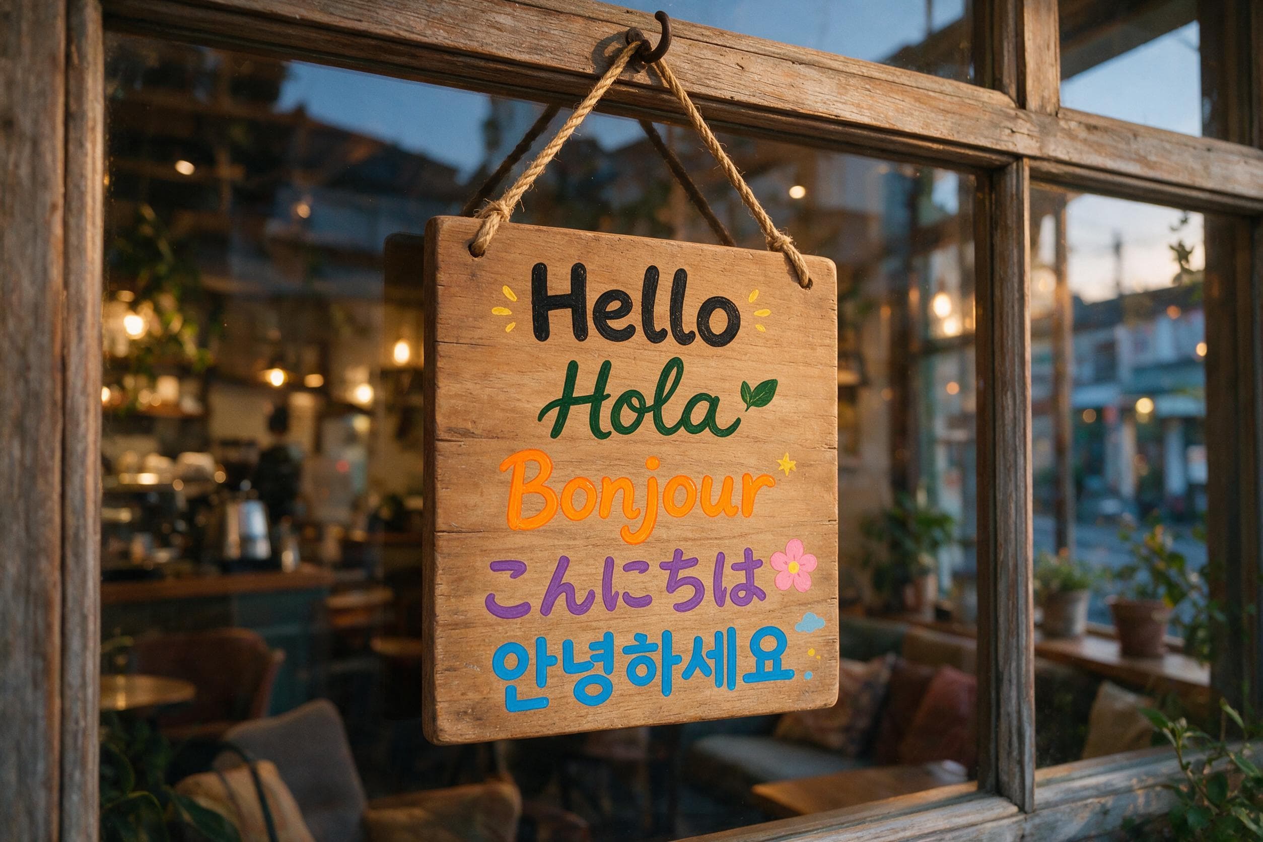 Cafe sign saying hello in five languages