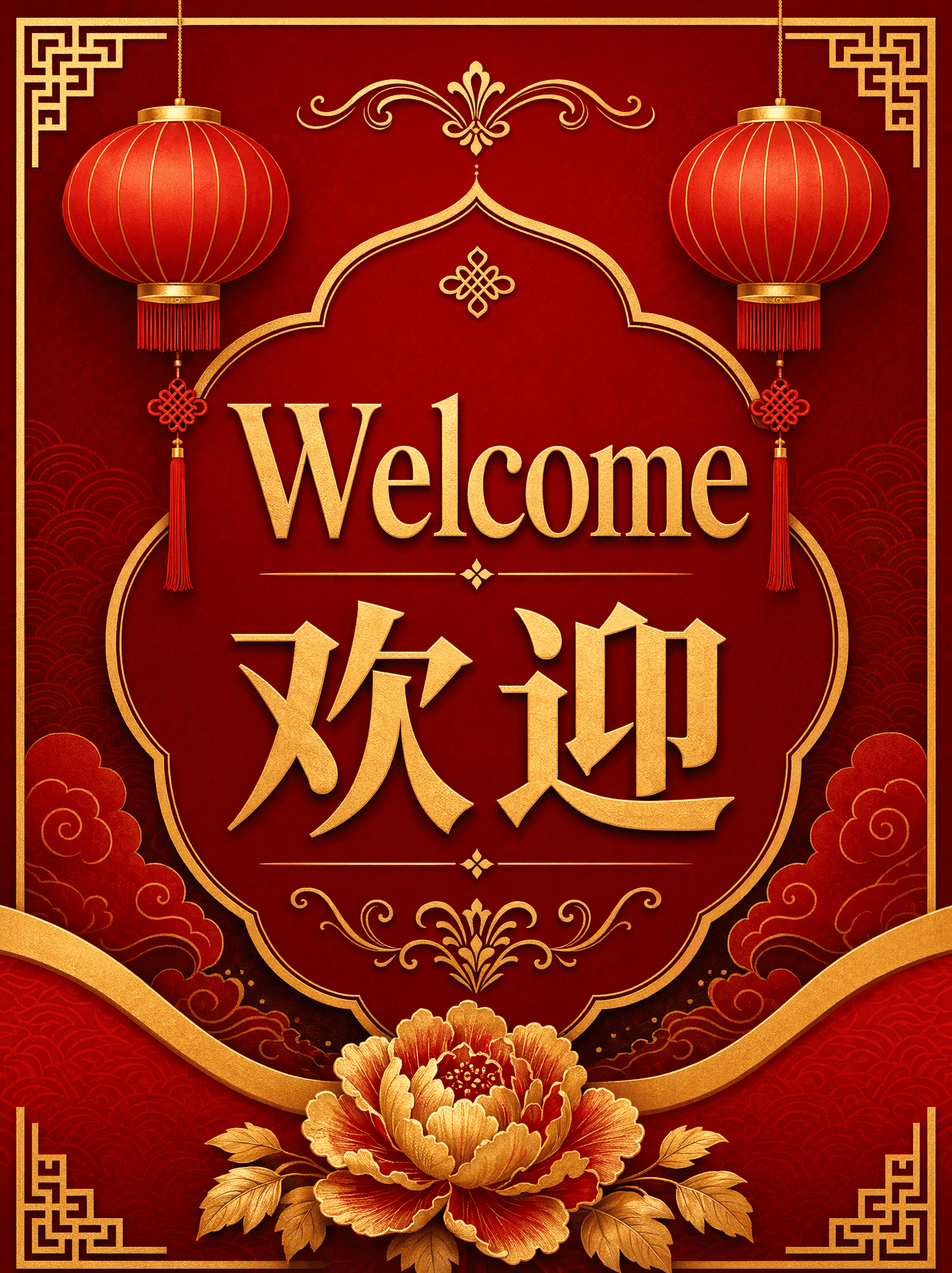Bilingual poster reading Welcome, red and gold