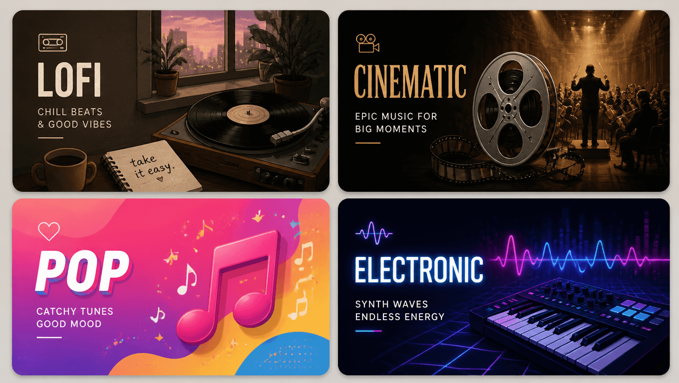 Popular AI music styles including lofi, cinematic, pop and electronic