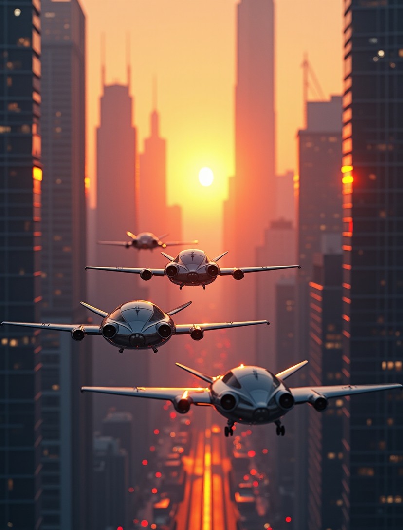 AI-generated image: Futuristic cityscape with flying cars at sunset