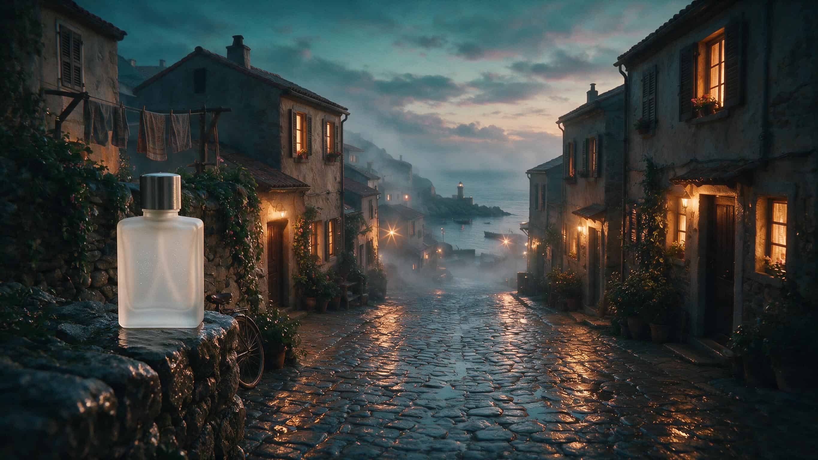 Seedream 5.0 Pro edit result: perfume bottle from one photo placed into a dusk street scene from another, lighting matched
