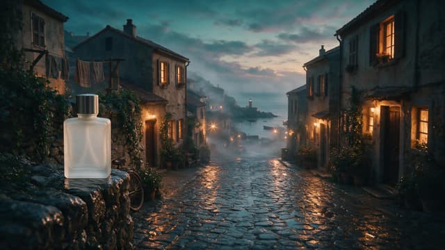The result: the same perfume bottle standing on the stone wall of the village street at dusk, with a soft reflection on the wet stone