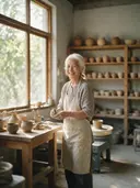 The reference: a photo of an older potter with clay on her hands in her workshop