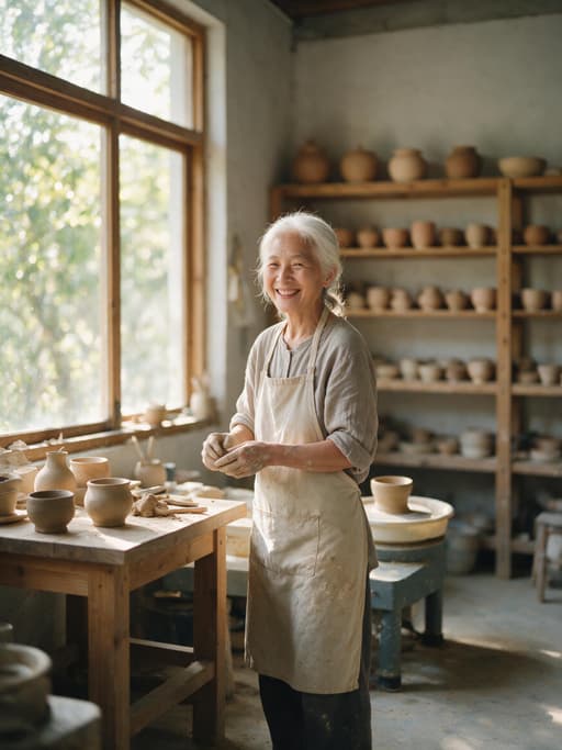 Smiling elderly ceramicist with clay on her hands in a sunlit pottery workshop, made with Seedream 5.0 Pro