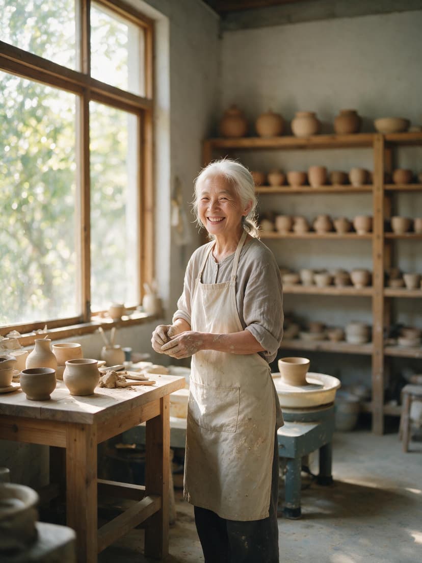 Smiling elderly ceramicist with clay on her hands in a sunlit pottery workshop, made with Seedream 5.0 Pro