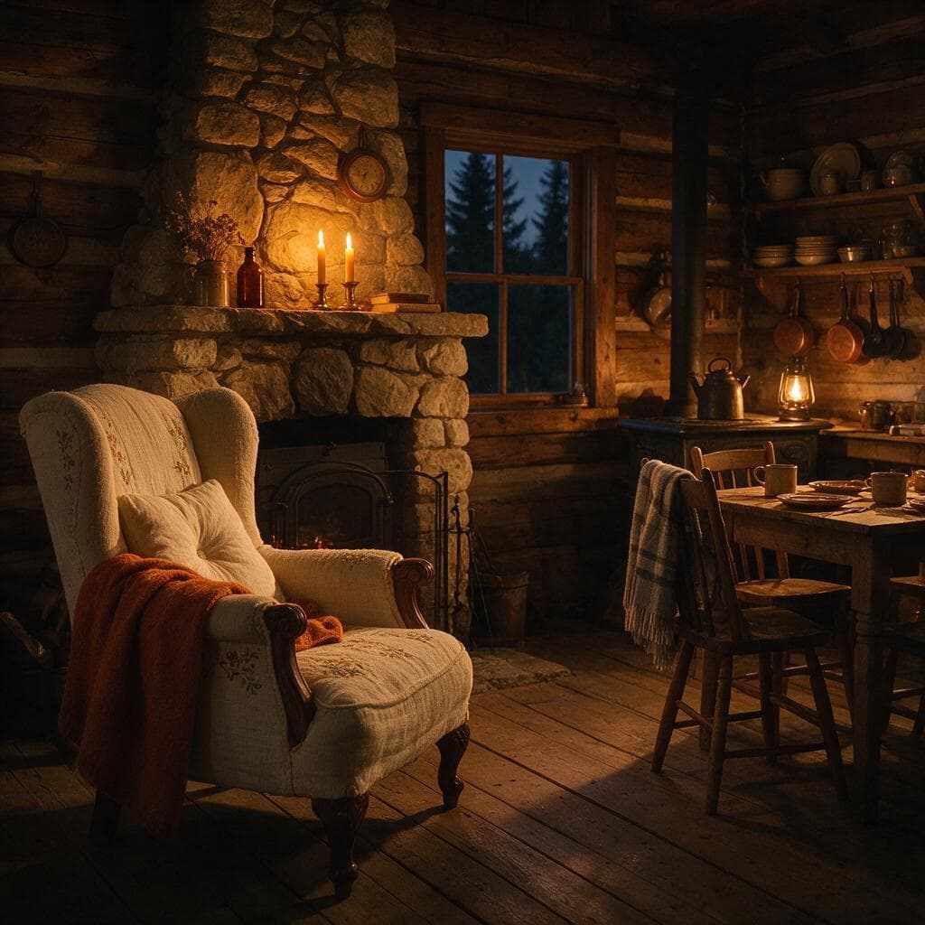 Candlelit log cabin interior at dusk, warm lamp light across a cream armchair and stone fireplace with shadow detail still visible