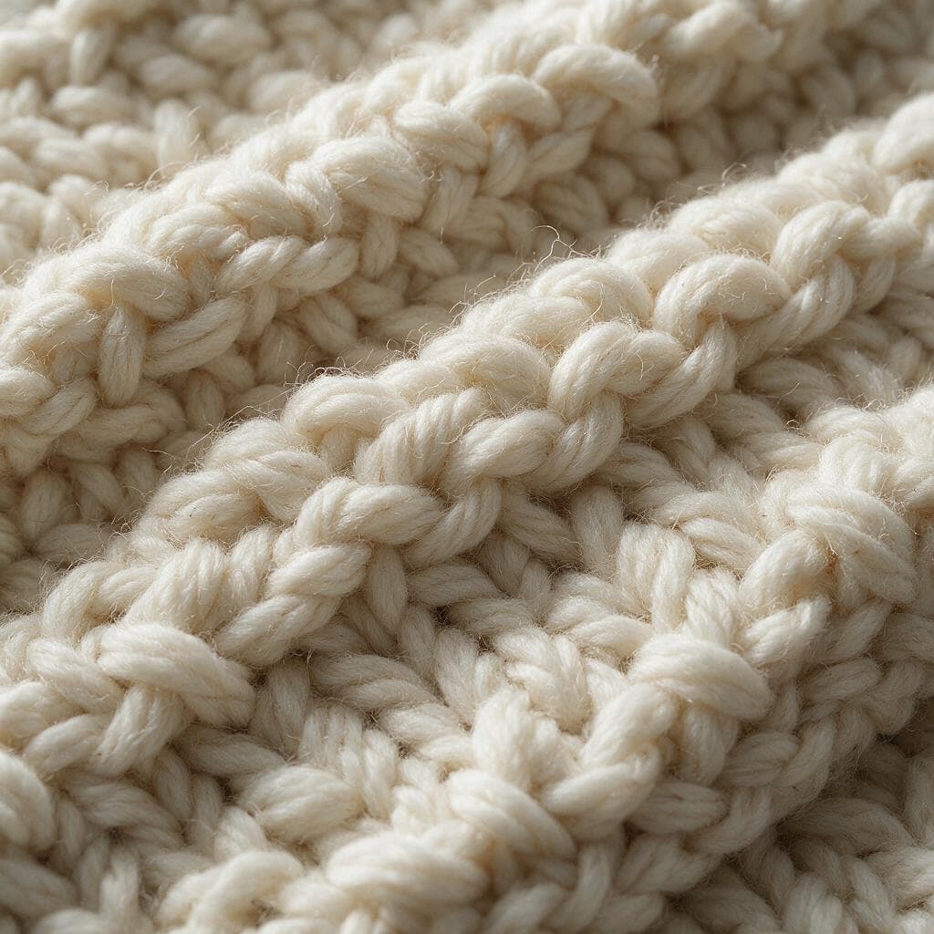 Macro of cream wool knitwear with every fibre and twisted yarn ply separated
