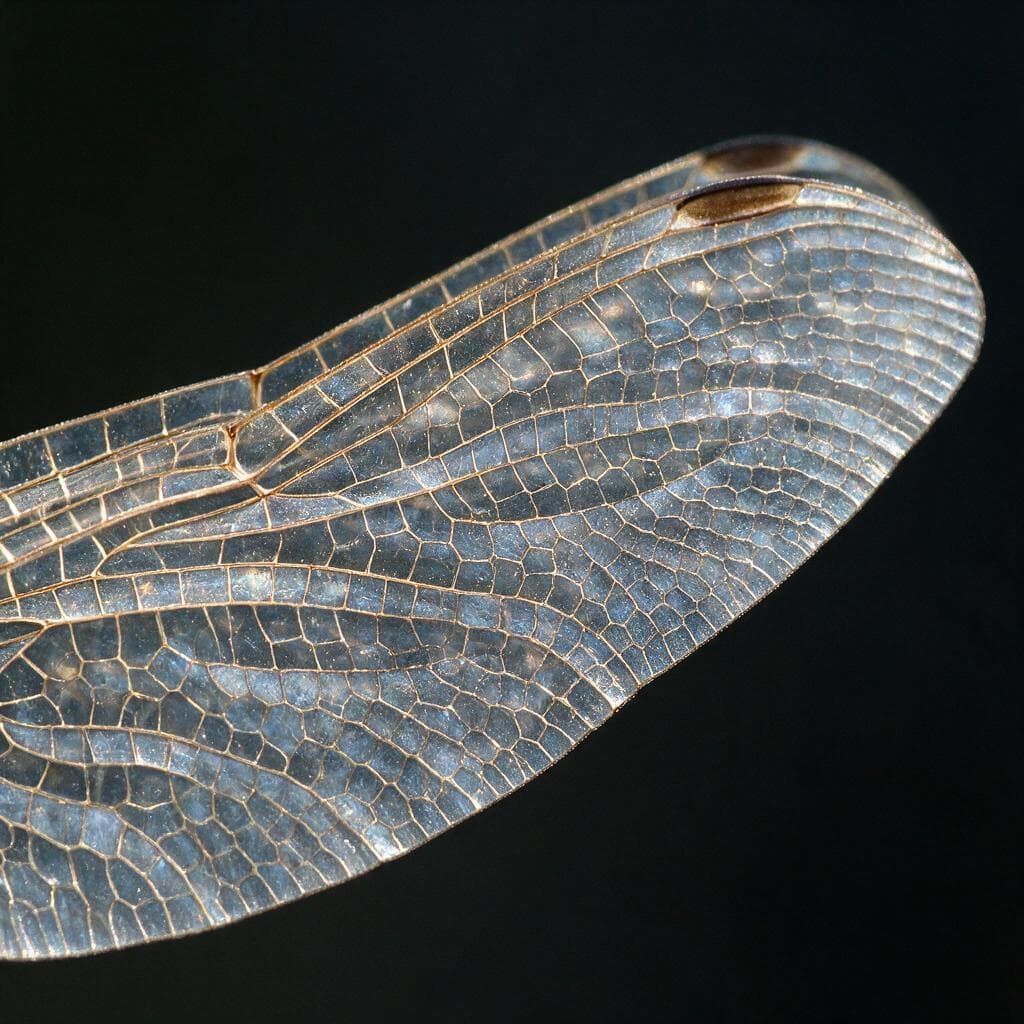 Extreme macro of a dragonfly wing against a black background, the entire lattice of veins and translucent cells resolved