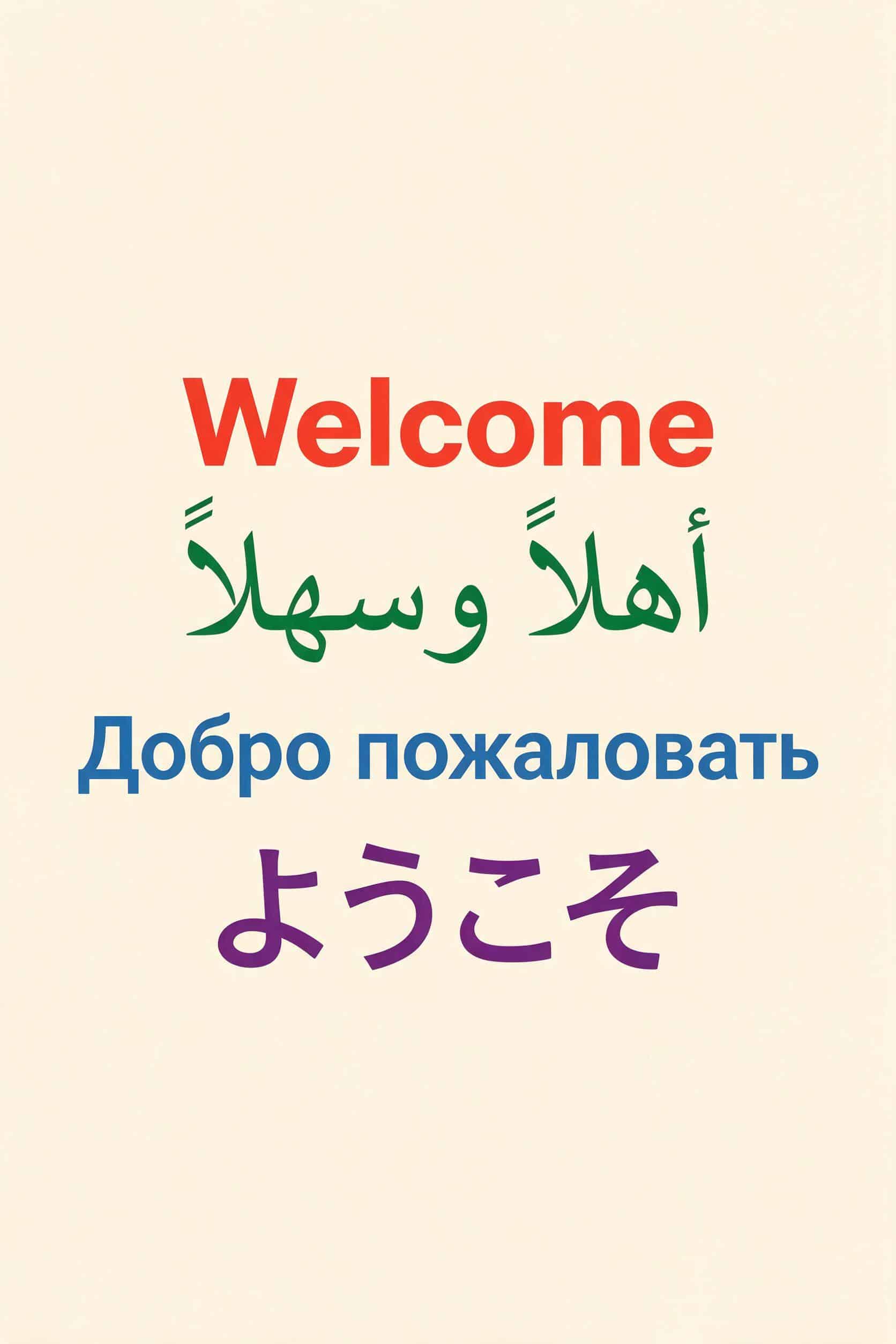 Seedream 5.0 Pro result: Welcome poster in English, Arabic, Russian, and Japanese
