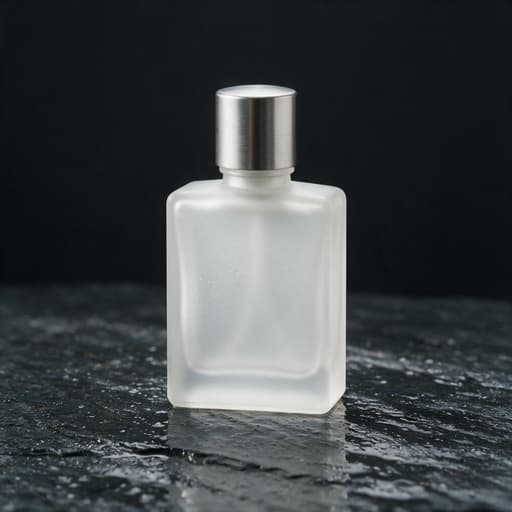 Unlabeled frosted glass perfume bottle with a brushed metal cap on wet dark slate, made with Seedream 5.0 Pro