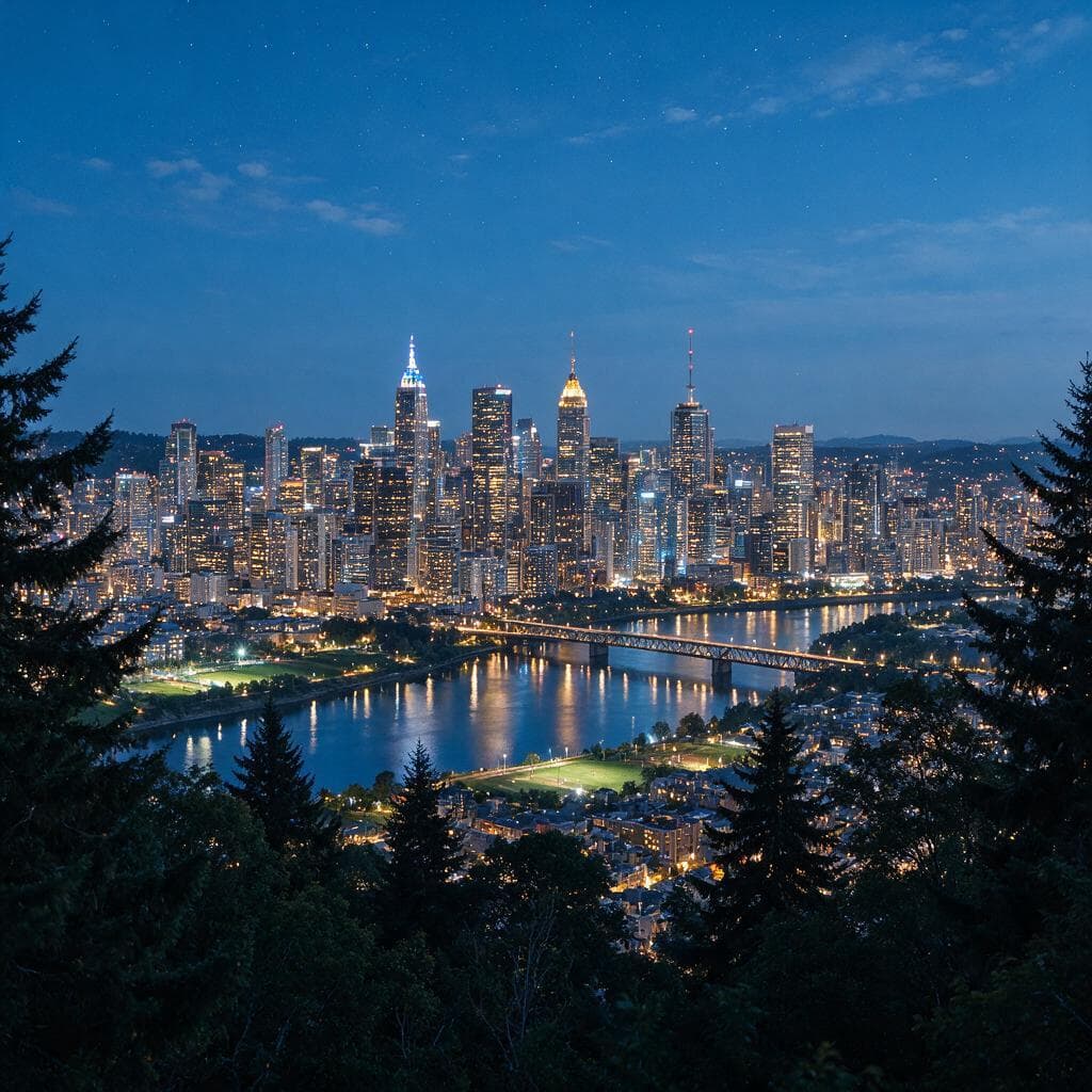 City skyline at blue hour seen from a wooded hillside, thousands of individual lit windows and a bridge span kept separate
