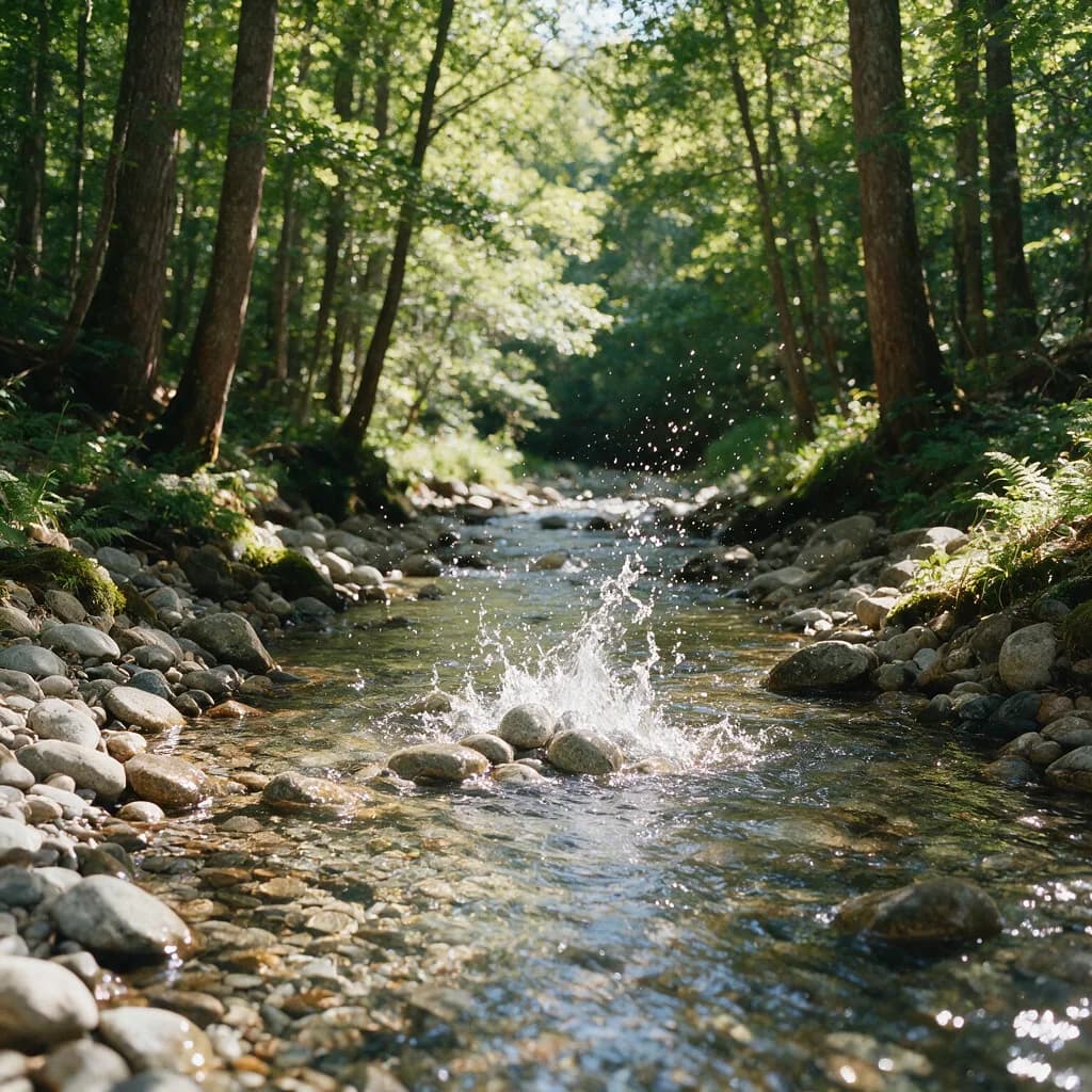 Shallow rocky stream at fast shutter speed with individual droplets frozen in mid air above clear water