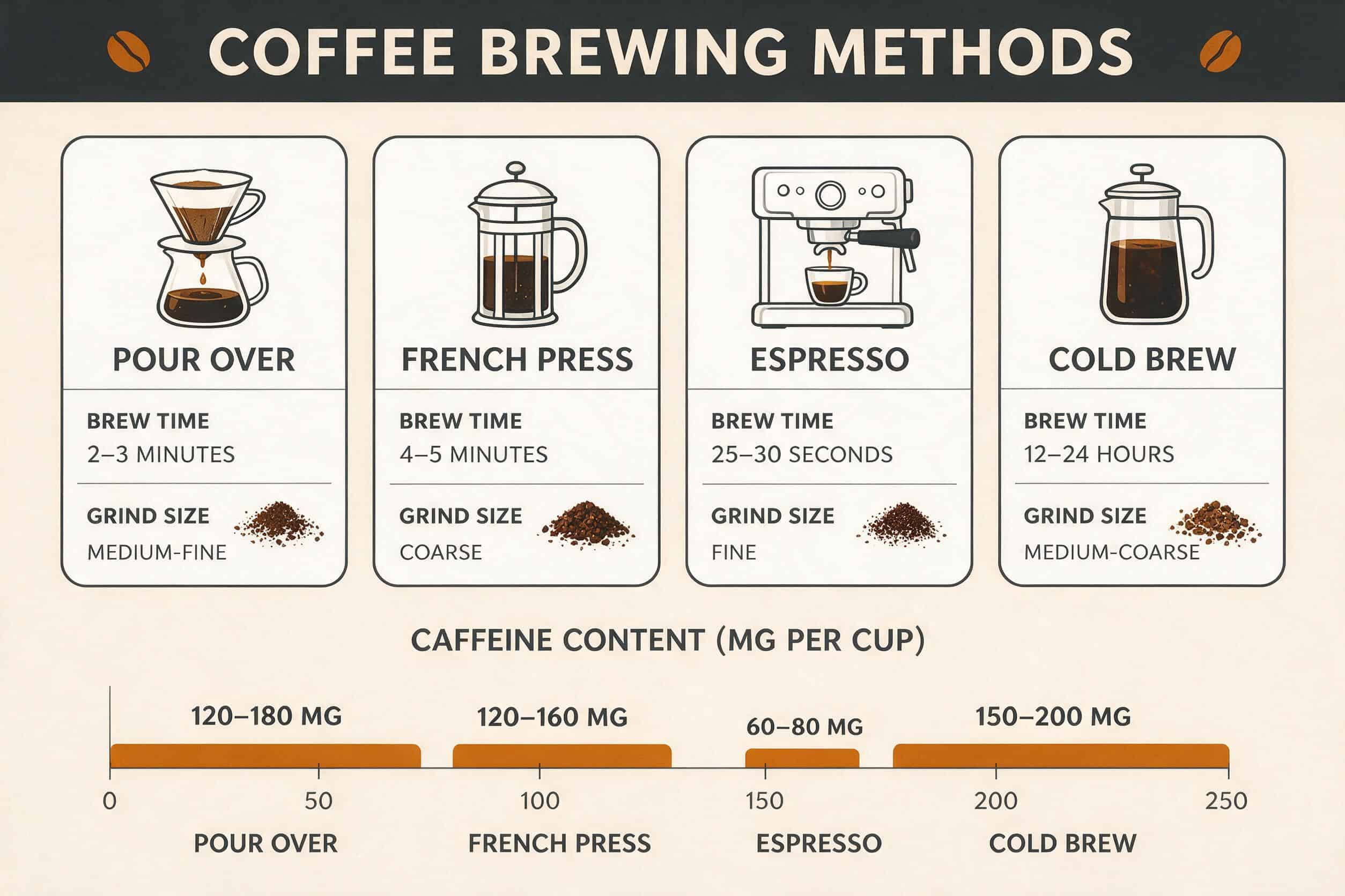 Seedream 5.0 Pro result: coffee brewing infographic with four labeled columns and a caffeine bar chart